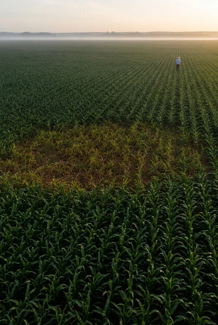 Milharal ao amanhecer visto do alto: uma pessoa caminha ao longe, de costas para uma mancha de plantas fracas