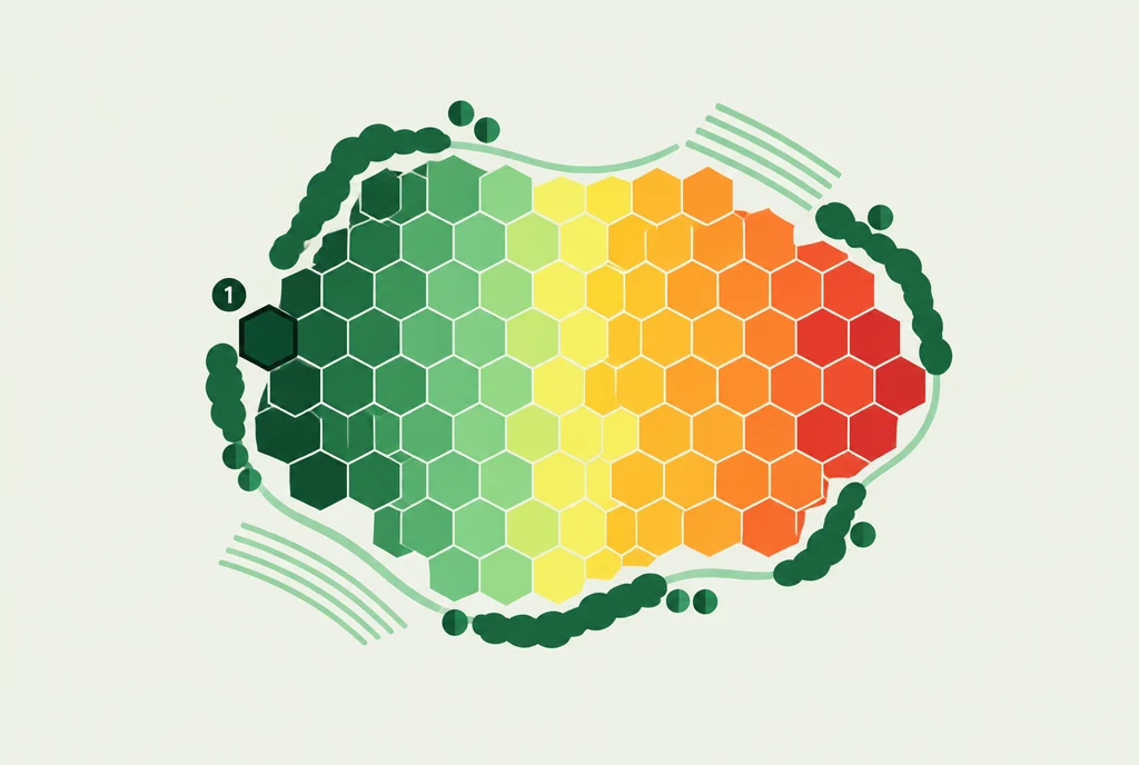 Talhão dividido em células coloridas, com uma célula destacada