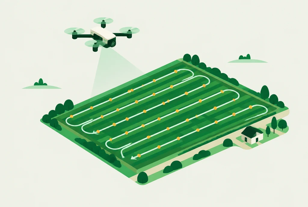 Drone sobre o talhão com o plano de voo em linhas paralelas