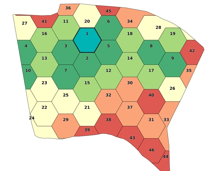 Talhão subdividido em células coloridas, cada uma com a sua posição no ranking